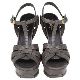 Saint Laurent Grey Lizard Embossed Leather Tribute Platform Sandals Grey