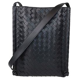 Bolsa Messenger Large Flat Loop em couro Intrecciato preto Bottega Veneta Preto