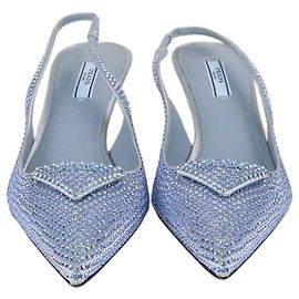 Prada Light Blue Satin Crystal Embellished Slingback Pumps Blue