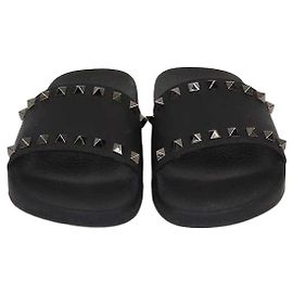 Valentino Black Rubber Rockstud Flat Slides Black