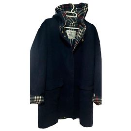 Burberry Navy Blue Wool Coat with Nova Check Lining Blue Other