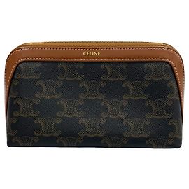 Céline Celine Pochette à cosmétiques Small Triomphe en toile enduite et cuir de veau marron Marron Marron foncé