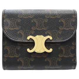 Céline Carteira tri-fold Celine em canvas e couro marrom Marrom