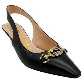 Gucci Black Leather Zumi Slingback Kitten Heel Pumps Black