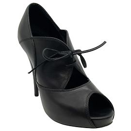 Fendi Black Leather Peep Toe Lace Up Booties Black