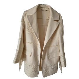 Ermanno Scervino Wool jacket with fringes and embroidery Cream