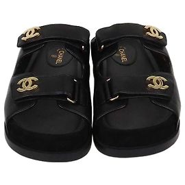 Chanel Black Leather CC Strap Flat Sandals Black