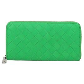 Bottega Veneta Green Intrecciato Leather Zip Around Wallet Green