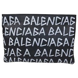 Balenciaga Black Leather Graffiti Zip Pouch Black