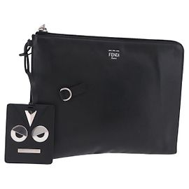 FENDI Clutch Bag Leather Black Silver 7M0225 Altro