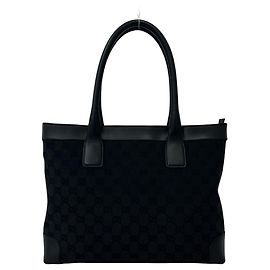 Gucci GG Logo Pattern Canvas Leather Tote Bag Black