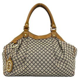 Gucci Sukey Diamante Canvas Leather Handbag Black Beige