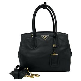 Prada Triangle Logo Hardware Leather Handbag Black
