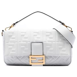 Fendi White Large Zucca Embossed Leather Baguette Satchel White