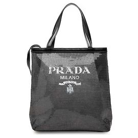 Prada Black Small Sequined Mesh Logo Open Tote Black