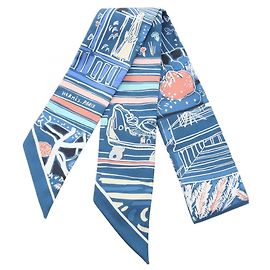 Hermès Lenço de seda Hermes Twilly Rayures d'ete Azul Multicor