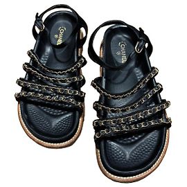Chanel Black Leather Chain Sandals Black