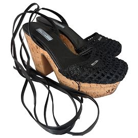 Prada Black Crochet Platform Wedge Sandals Black