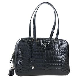 PRADA Hand Bag Embossed Leather Black Silver Auth yk20763SAM Black Silvery