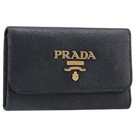 PRADA Key Case Safiano Leather Navy Gold Auth bs36879 Golden Navy blue
