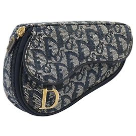 Pouch Saddle Christian Dior Trotter Canvas Navy Gold Auth 199475 D'oro Blu navy