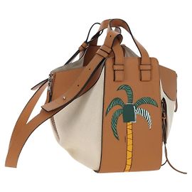LOEWE Hammock Small Handtasche Canvas Leather 2way Beige Silver Auth 198601M Silber Beige