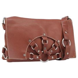 Céline Bolsa de Ombro CELINE em couro marrom prata Auth 196983 Marrom Prata