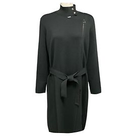 Akris Olive Green Zip Front Wool and Silk Knit Mid Length Coat with Belt Green