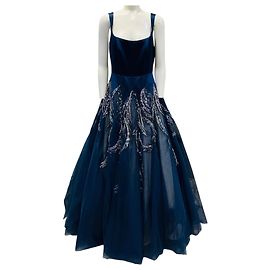 Autre Marque Mac Duggal Navy Blue Embellished Satin and Mesh Tulle Gown Navy blue