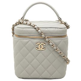 Small Vanity Case Chanel CC Caviar Cinza com Alça e Corrente Cinza