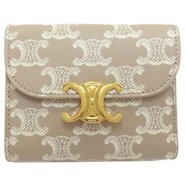 Céline Celine Small Flap Wallet Tri-fold Leather Beige