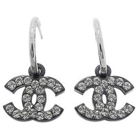 Chanel Coco Mark Stud Earrings Black Silvery