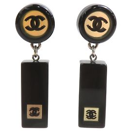 Chanel Coco Mark Drop Earrings Black Silvery
