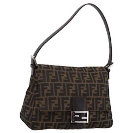 FENDI Zucca Canvas Mamma Baguette Shoulder Bag Brown Silver Auth 199802V Brown Silvery