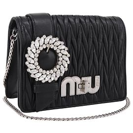 Borsa a tracolla Miu Miu Matelassé con catena in pelle nera argento Auth 202224A Nero Argento