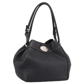 FENDI Celeria Tote Bag Leather Black Silver Auth 200968A Black Silvery