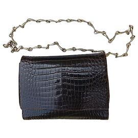 Autre Marque Vintage Genuine Baby Crocodile Leather Shoulder Bag Brown
