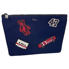 Pouch Christian Dior in nylon blu con patch Blu