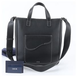 Christian Dior Saddle Leather 2-Way Shoulder Bag Black