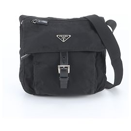 Prada Tessuto Nylon Triangle Logo Leather Shoulder Bag Black