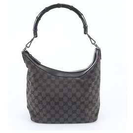 Bolsa de Ombro Gucci em Lona GG e Couro Bamboo Preto