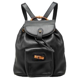 Gucci Black Calfskin Bamboo Drawstring Backpack Black