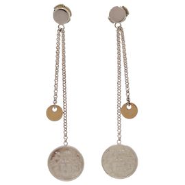 Hermès Hermes Ex-Libris PM Sterling Silver Drop Earrings Silvery