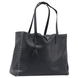 PRADA Tote Bag Leather Black Silver Auth 199907 Black Silvery