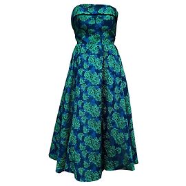 Autre Marque Mac Duggal Blue / Green Floral Jacquard Strapless A-Line Flared Midi Cocktail Dress Multiple colors