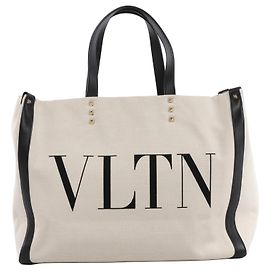 Bolsa de Ombro Valentino Garavani VLTN em Lona e Couro Beige x Black Bege