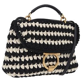 Salvatore Ferragamo Gancini Margot Bag Leather Fabric 2way Black Auth 199409SAM Black Golden