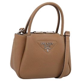 PRADA Hand Bag Leather 2way Beige Silver Auth ka5958SAM Silvery Beige