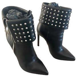 Autre Marque Saint Laurent Studded Black Leather Ankle Boots Black