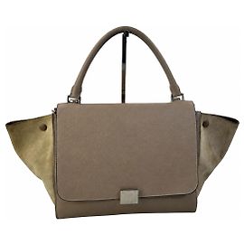 Céline Celine Trapeze Bolsa em Couro e Camurça Bege Bege